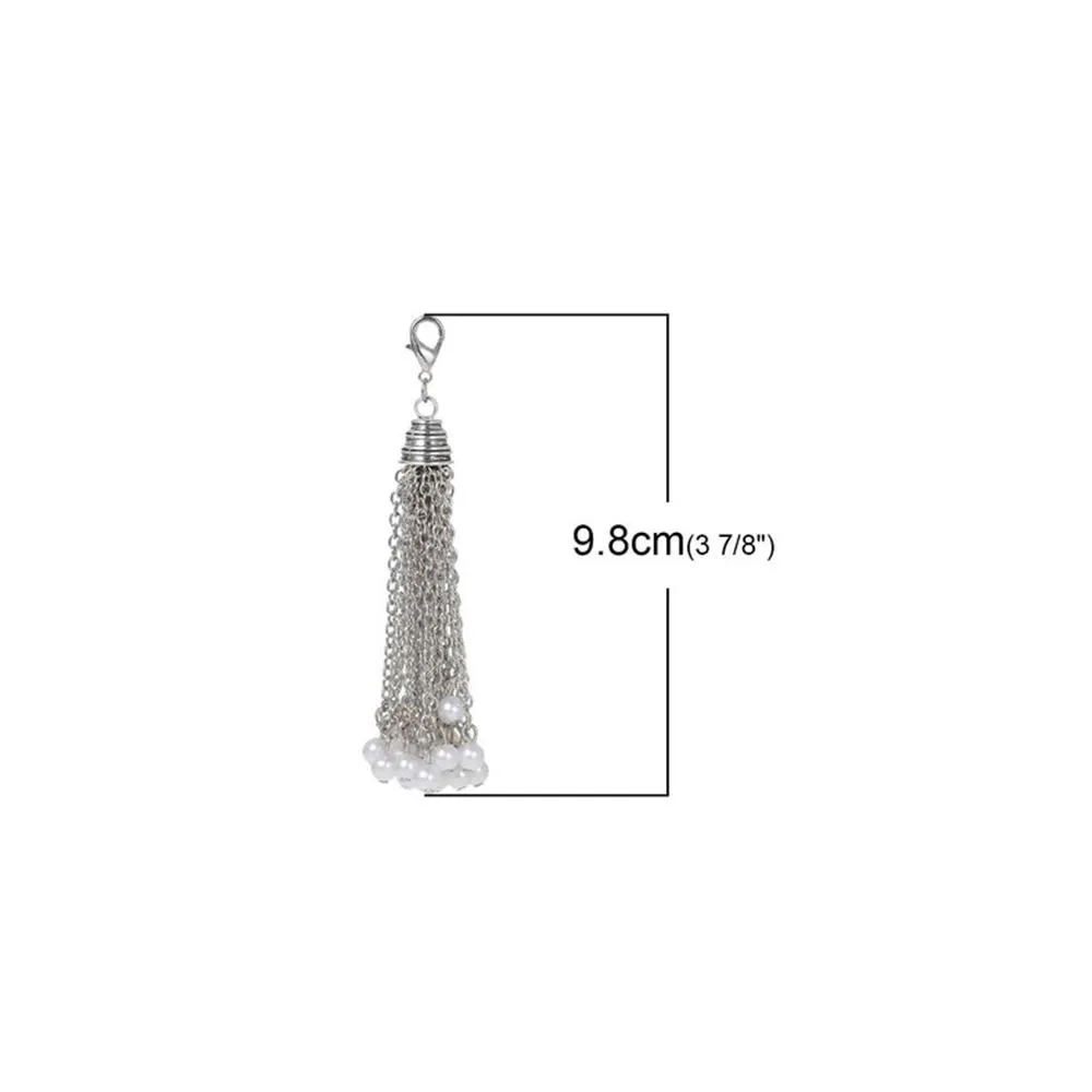 1 Pc Tibetan Silver TASSEL WITH PEARL IMITATION BEADS 98mm x 12mm Charms Pendants, Lead & Nickel Free Metal Charms Pendants Beads