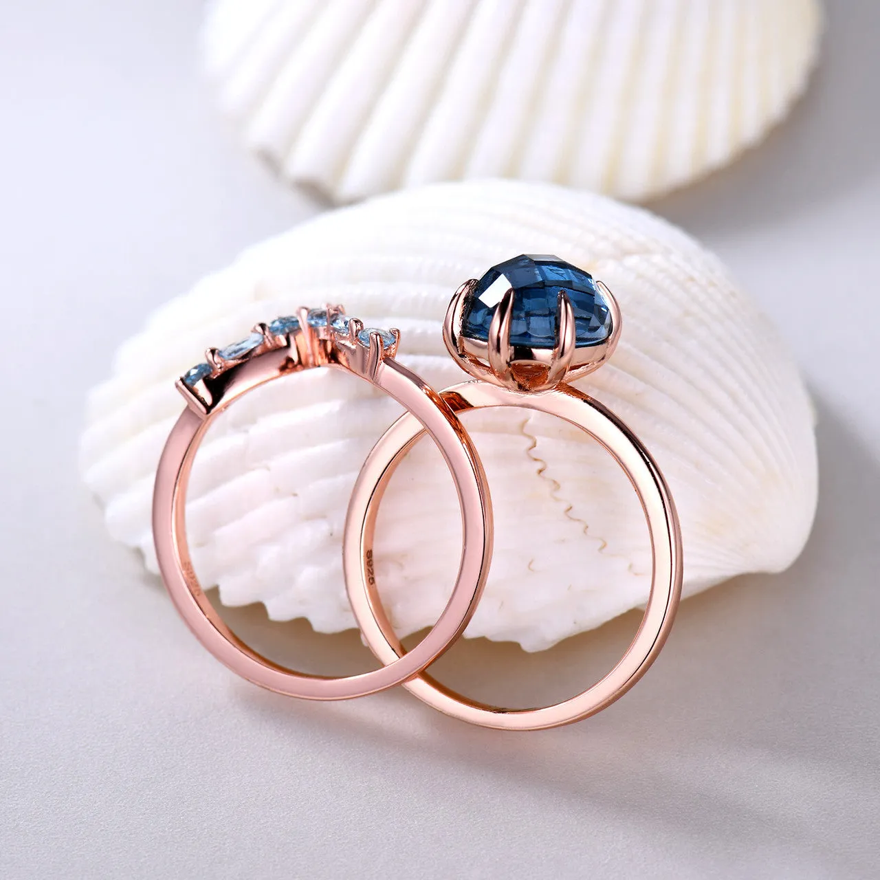 10x8mm Oval Cut London Blue Topaz Engagement Ring Set Rose Gold Curved Topaz Matching Band