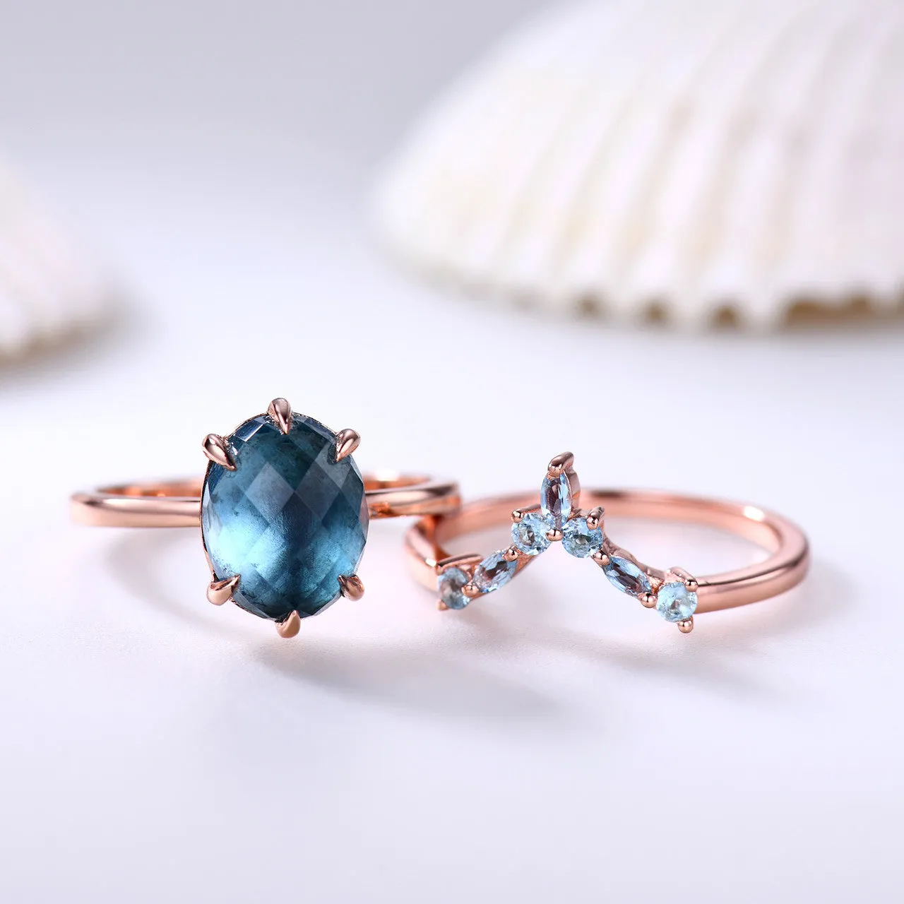 10x8mm Oval Cut London Blue Topaz Engagement Ring Set Rose Gold Curved Topaz Matching Band