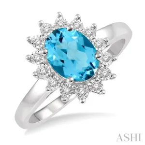 1/10 Ctw Oval Shape 8x6 MM Blue Topaz & Round Cut Diamond Semi Precious Ring in 10K White Gold