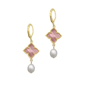 14k Gold Plated Floral and Freshwater Pearl Drop Earrings