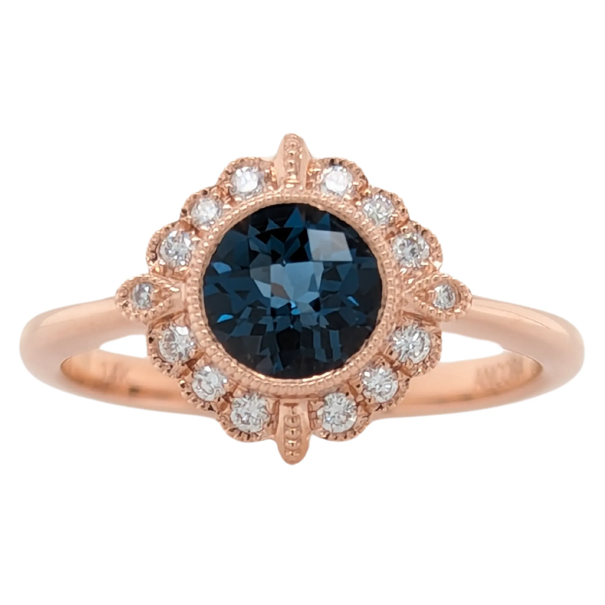 14K Rose Gold London Blue Topaz Diamond Milgrain Halo Ring