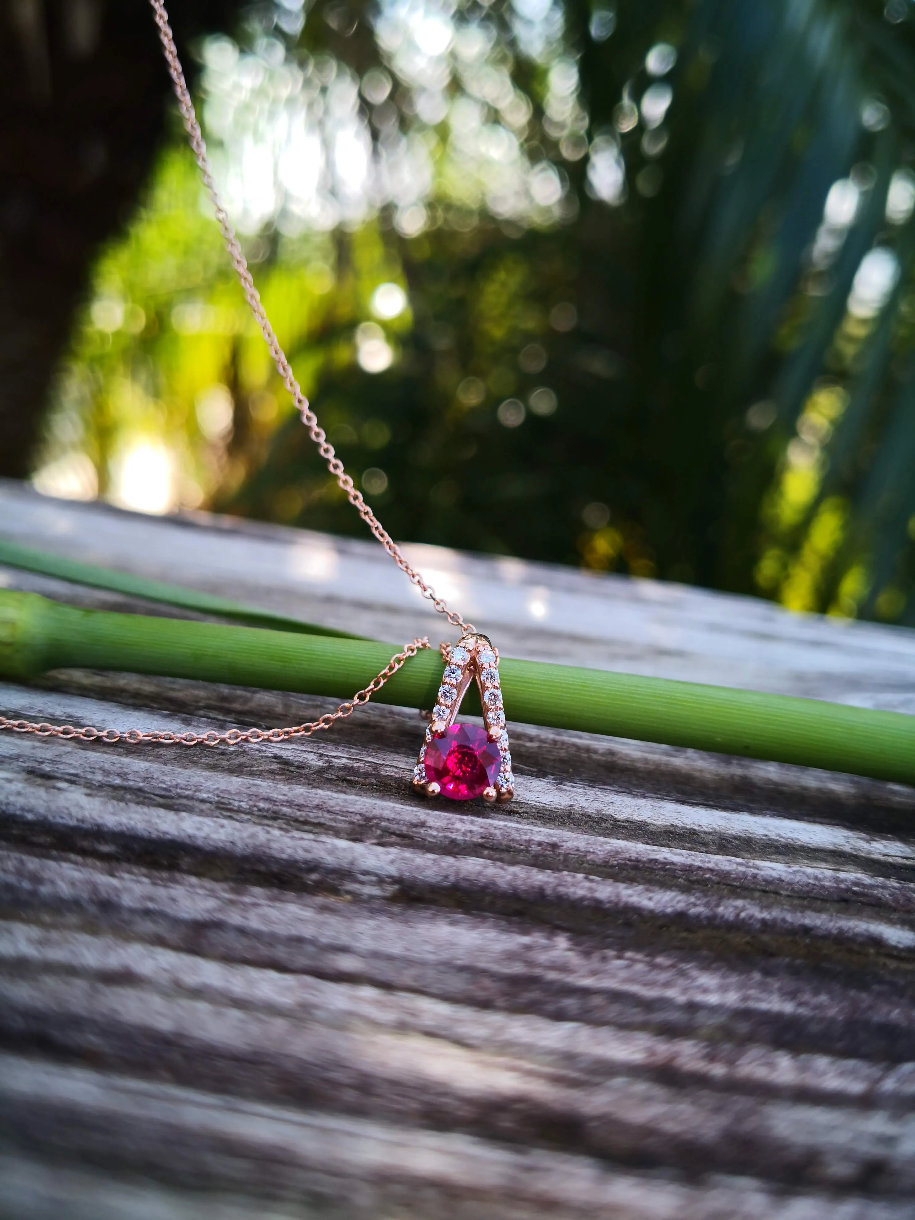 14k Rose gold, Ruby and diamond necklace.