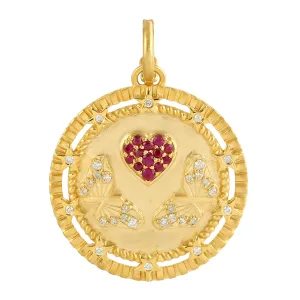 14k Yellow Gold Prong Heart Ruby & Butterfly Diamond Pendant Jewelry For Gift