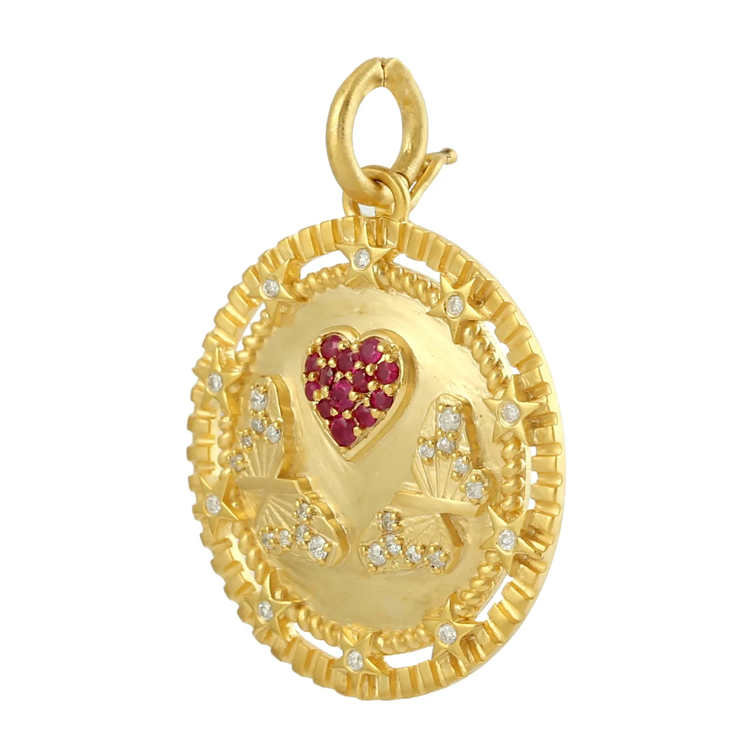 14k Yellow Gold Prong Heart Ruby & Butterfly Diamond Pendant Jewelry For Gift