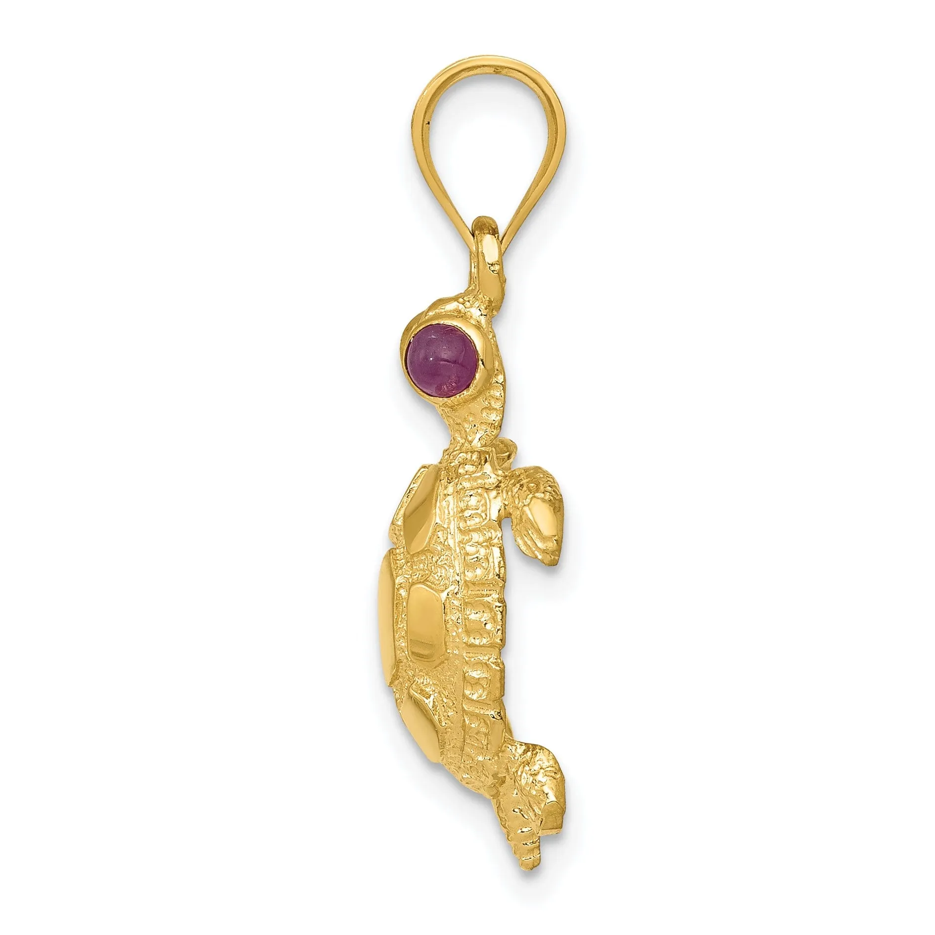 14k Yellow Gold Solid Textured Casted Polished Finish Turtle with Ruby Eyes Charm Pendant