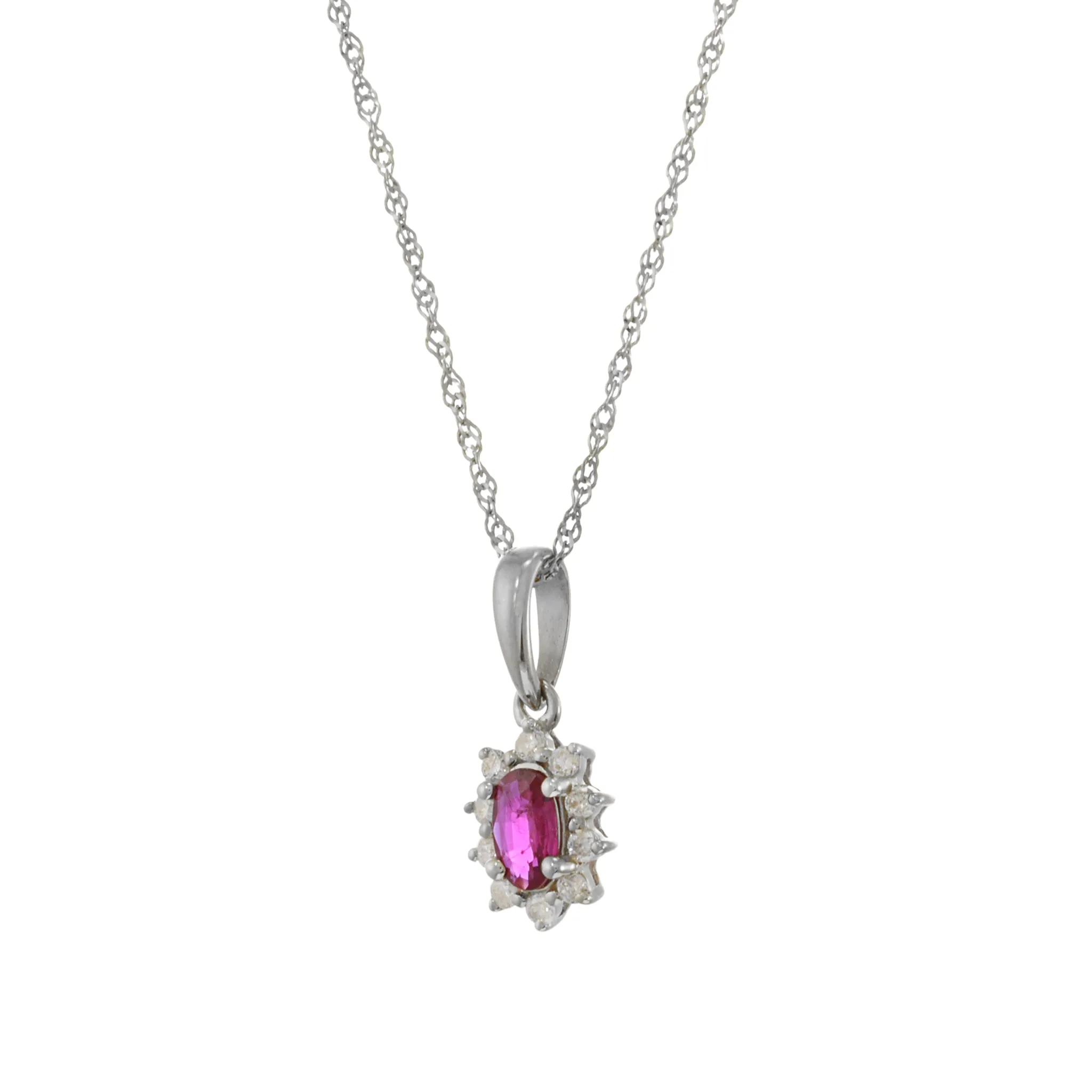 14KT White Gold Oval Ruby and Diamond Pendant with Chain