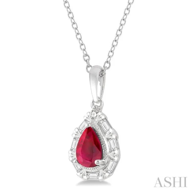 1/5 Ctw Pear Shape 6x4MM Ruby, Baguette and Round Cut Diamond Precious Pendant With Chain in 14K White Gold