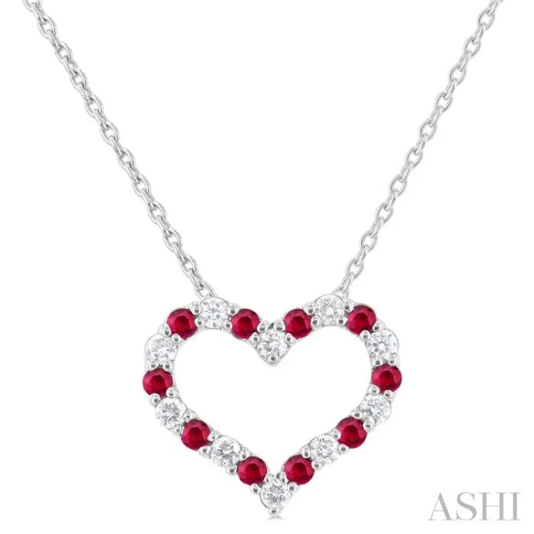 1/8 ctw Open Heart 1.4 MM Round Cut Ruby and Round Cut Diamond Precious  Fashion Pendant With Chain in 14K White Gold