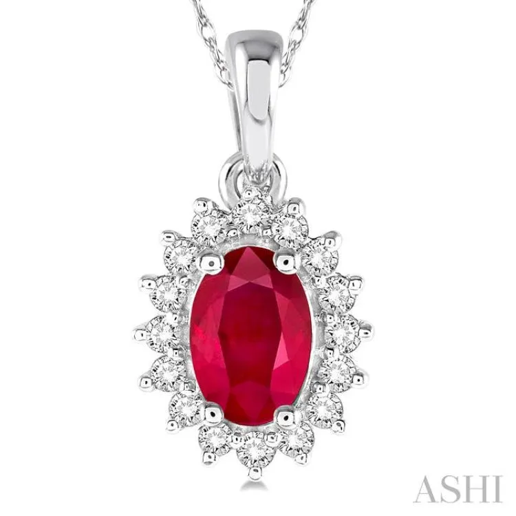 1/8 Ctw Round Cut Diamond and Oval Cut 6x4 MM Ruby Center Sunflower Precious Pendant in 10K White Gold with chain