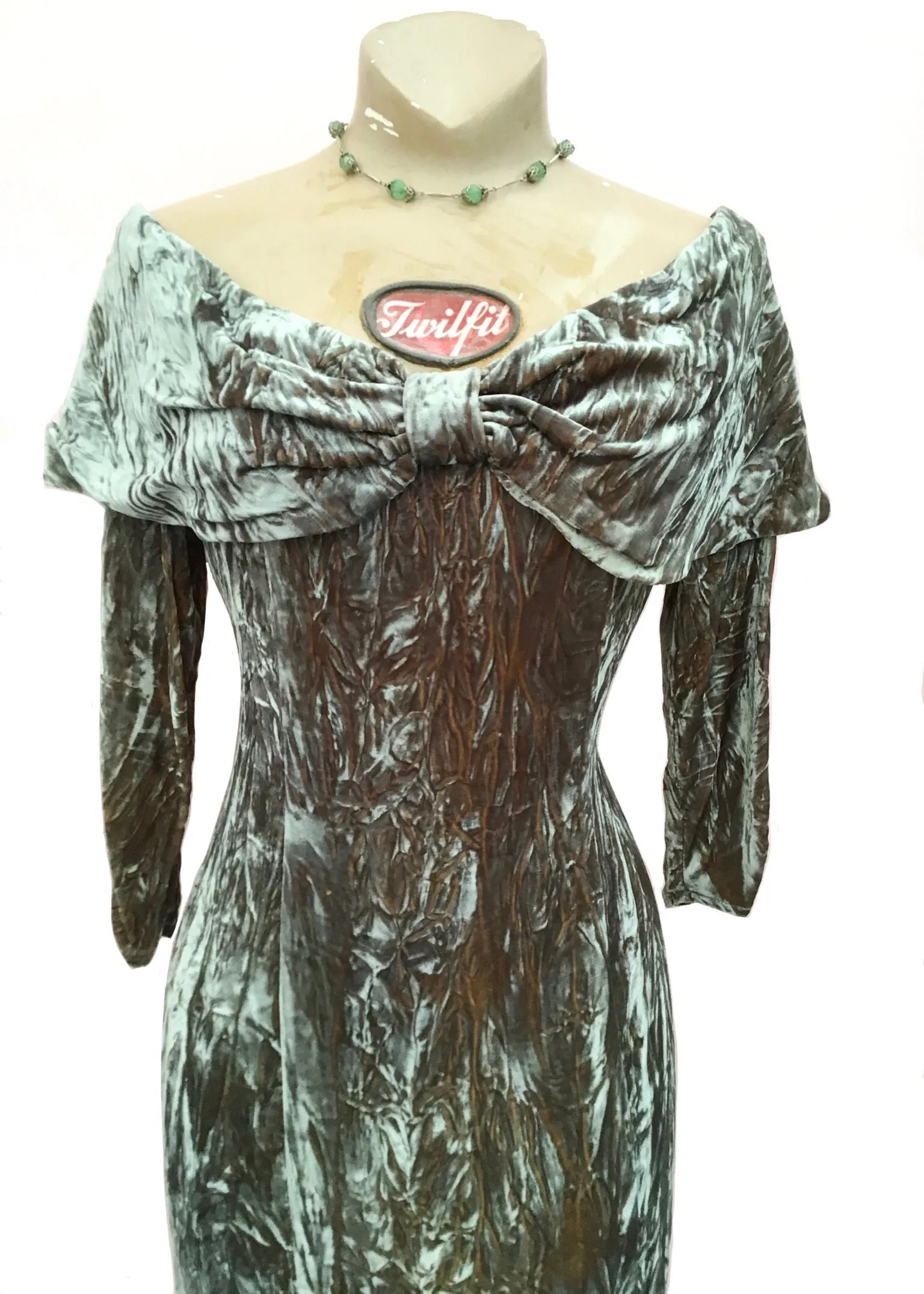 1990s Two Tone Crushed Greeny Grey Velvet Cocktail Party Dress