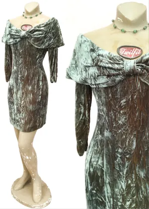 1990s Two Tone Crushed Greeny Grey Velvet Cocktail Party Dress