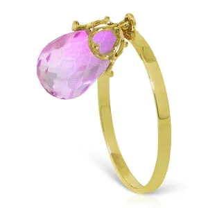 3 Carat 14K Solid Yellow Gold Ring Dangling Briolette Pink Topaz