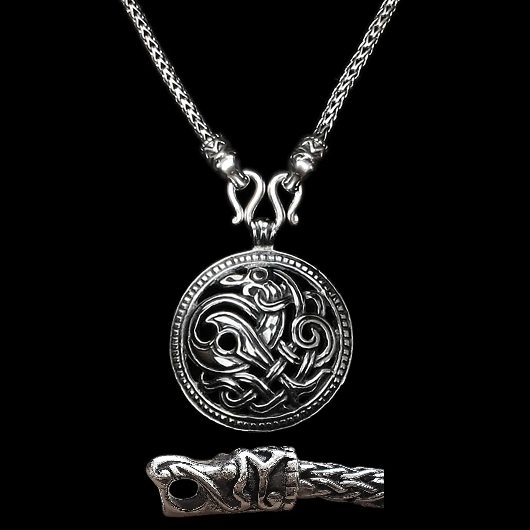 3.5mm Silver Snake Chain Pendant Necklace - Gotland Dragon Heads