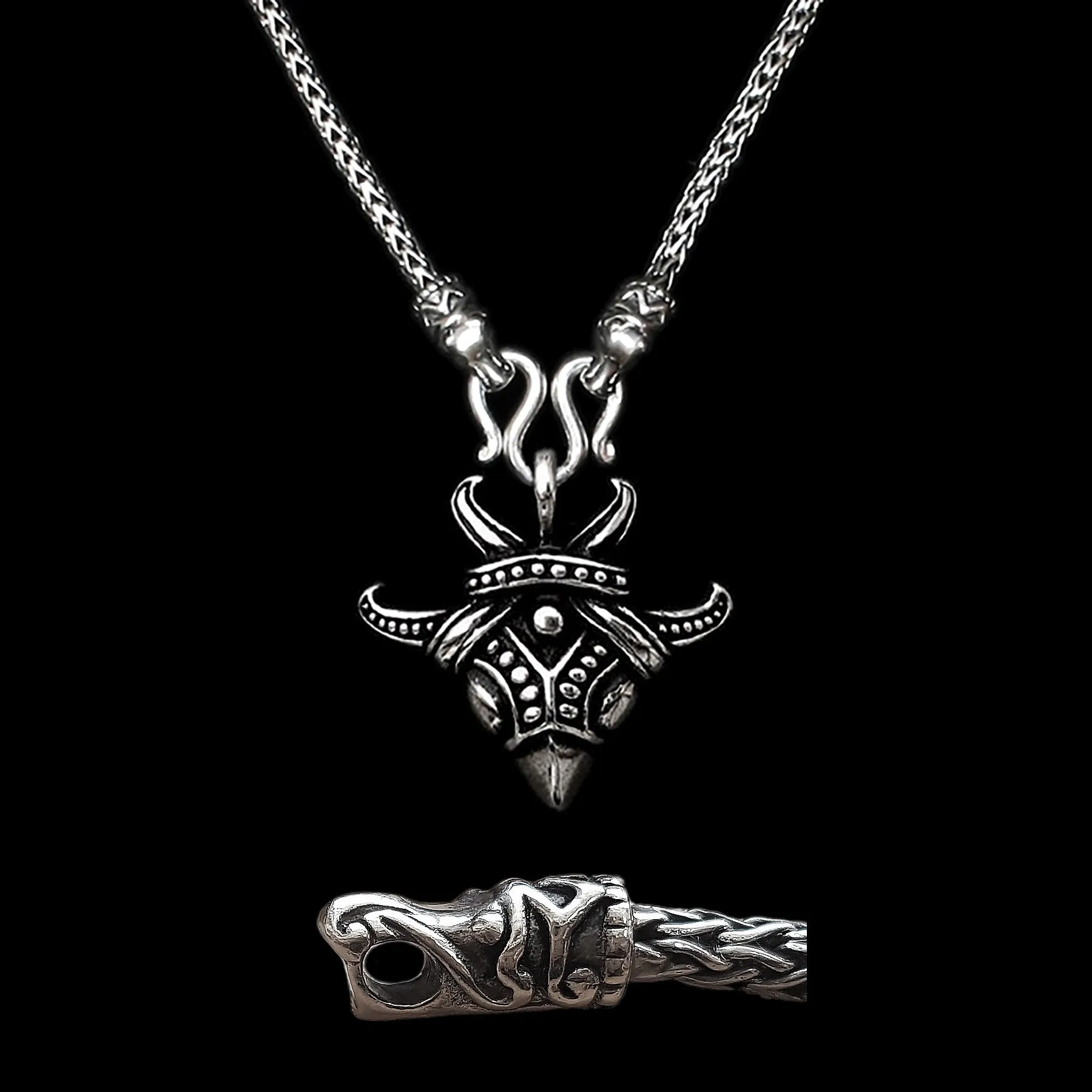 3.5mm Silver Snake Chain Pendant Necklace - Gotland Dragon Heads