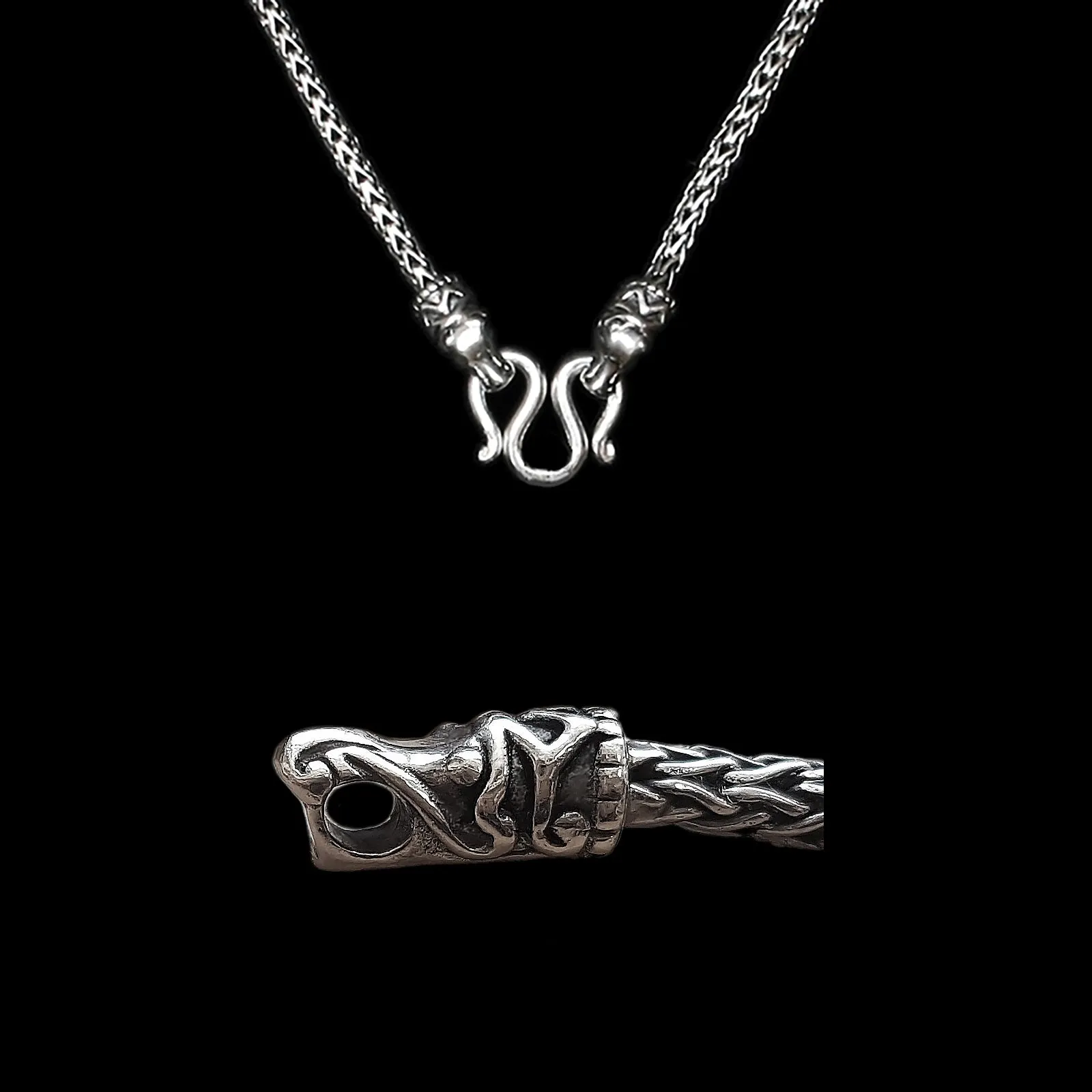 3.5mm Silver Snake Chain Pendant Necklace - Gotland Dragon Heads