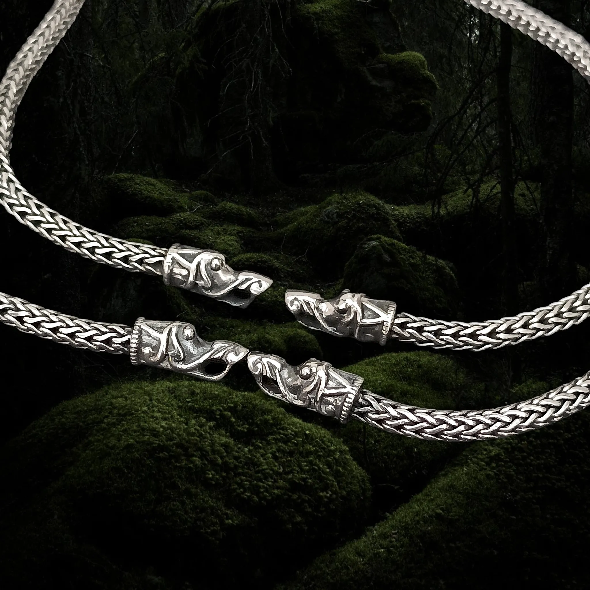 3.5mm Silver Snake Chain Pendant Necklace - Gotland Dragon Heads