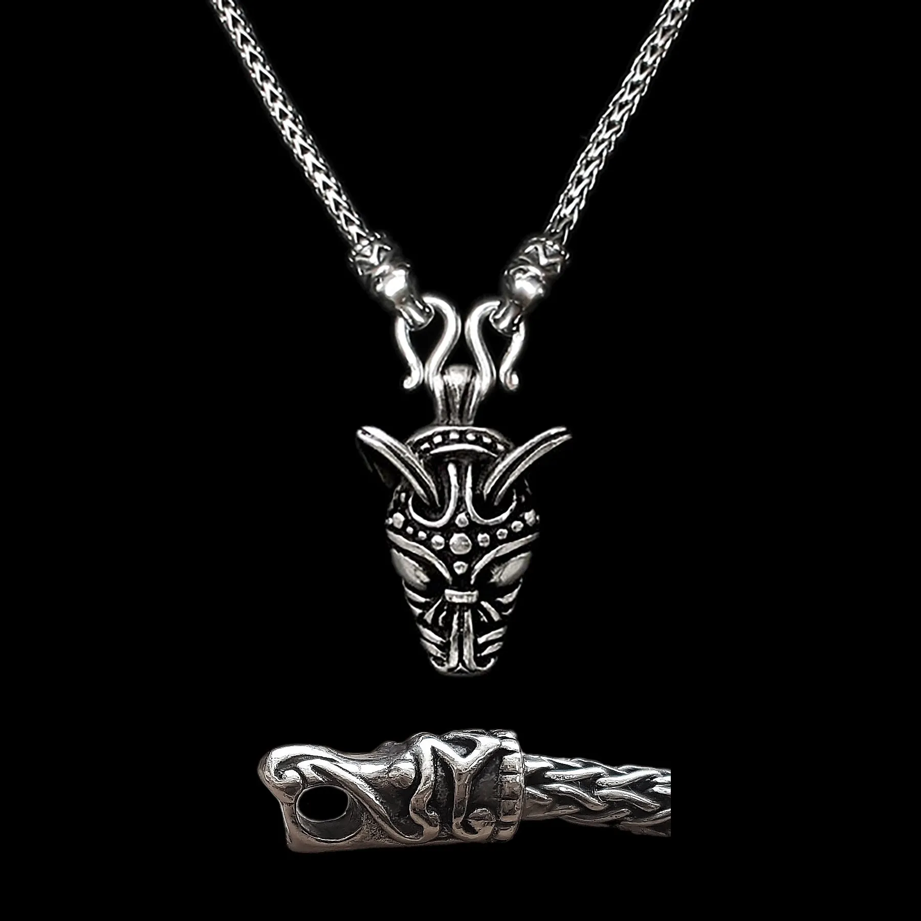 3.5mm Silver Snake Chain Pendant Necklace - Gotland Dragon Heads