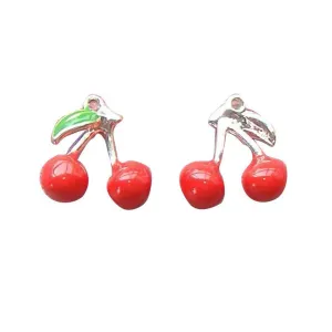 5 Pcs Silver Plated and Enamel Red Cherry Fruit 16X16mm Charms Pendants