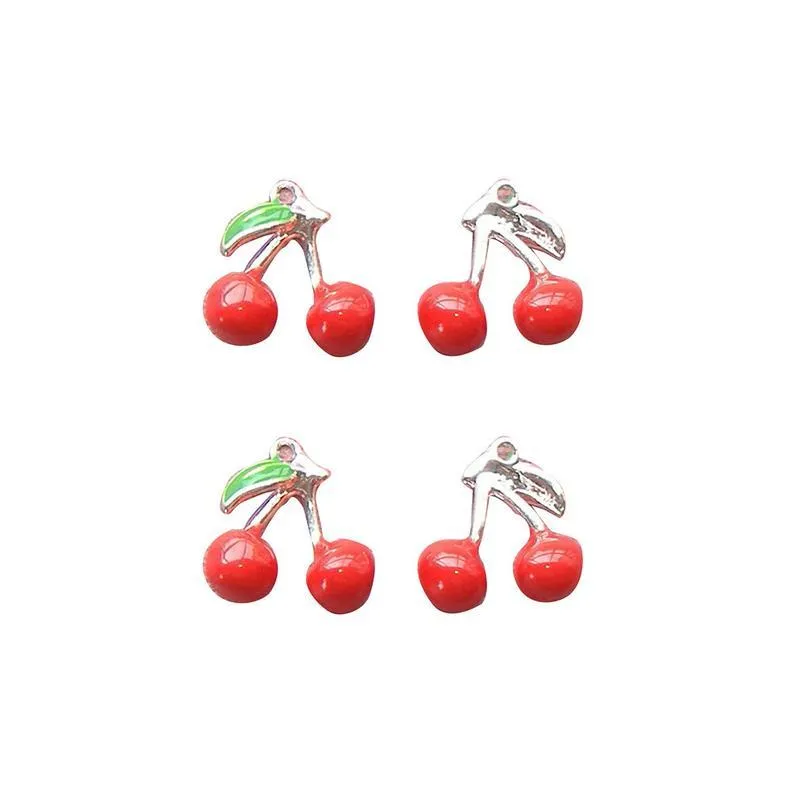 5 Pcs Silver Plated and Enamel Red Cherry Fruit 16X16mm Charms Pendants