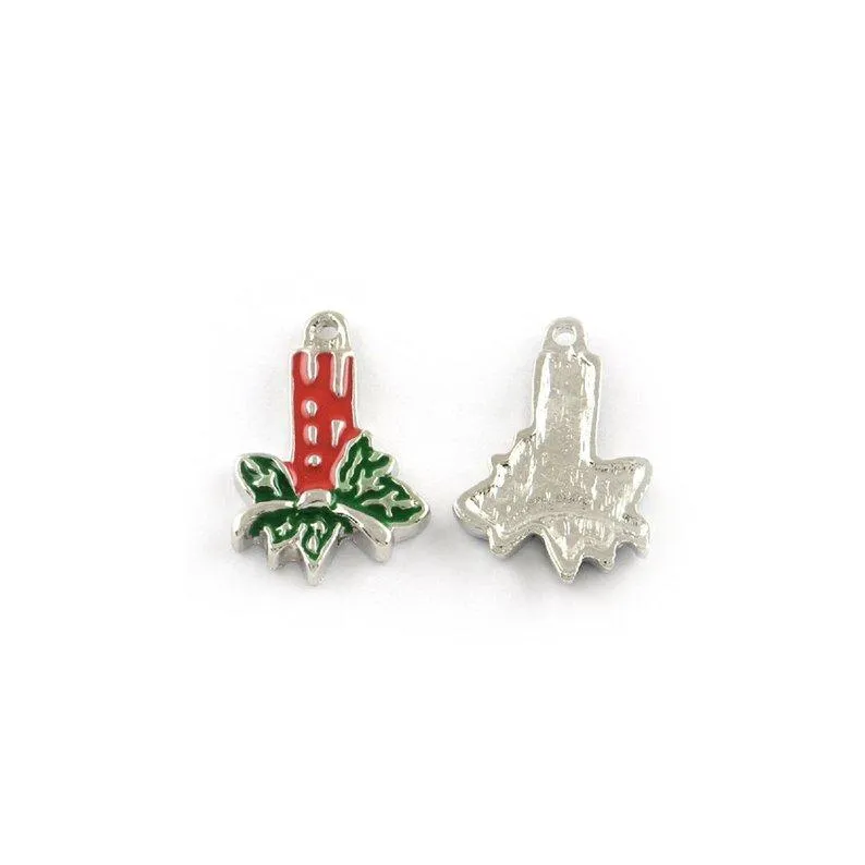 5 Pcs Tibetan Silver and Enamel Christmas Candle With Holly 24X15.5mm Charms Pendants