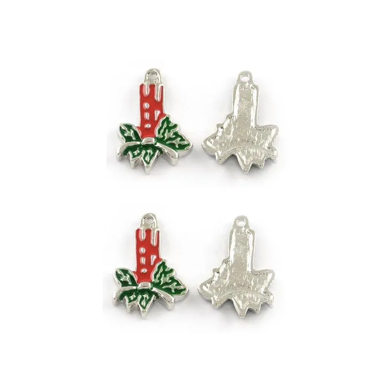 5 Pcs Tibetan Silver and Enamel Christmas Candle With Holly 24X15.5mm Charms Pendants