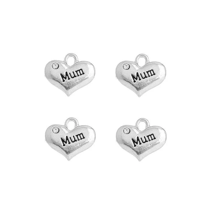 5 Pcs Tibetan Silver and Rhinestone Mum Heart Mothers Day 14X16mm 3D Charms Pendants