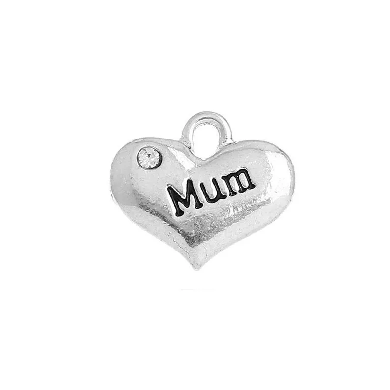 5 Pcs Tibetan Silver and Rhinestone Mum Heart Mothers Day 14X16mm 3D Charms Pendants