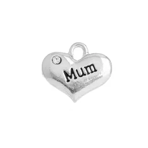 5 Pcs Tibetan Silver and Rhinestone Mum Heart Mothers Day 14X16mm 3D Charms Pendants