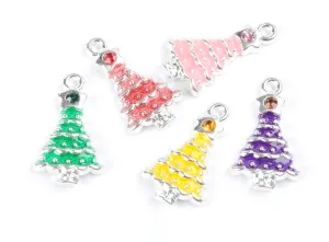 5 Pcs Tibetan Silver, Enamel and Rhinestone Random Mix Christmas Tree 21mm x 12mm Charms