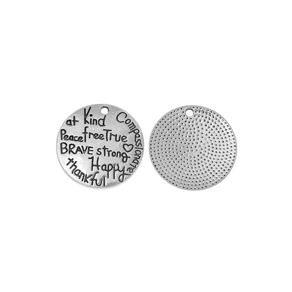 5 Pcs Tibetan Silver UPLIFTING WORDS CARVED  25mm DIA Charms Pendants, Lead & Nickel Free Metal Charms Pendants Beads