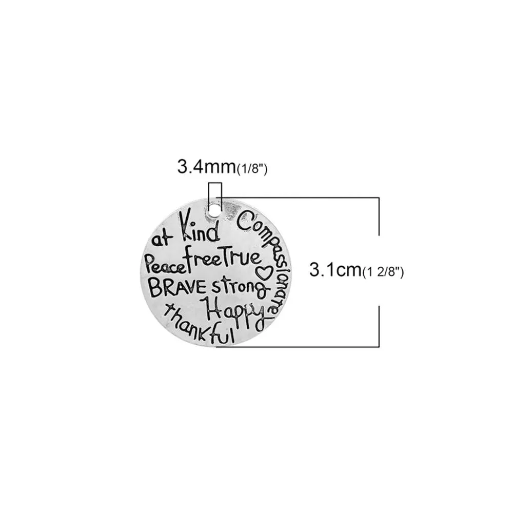 5 Pcs Tibetan Silver UPLIFTING WORDS CARVED  25mm DIA Charms Pendants, Lead & Nickel Free Metal Charms Pendants Beads