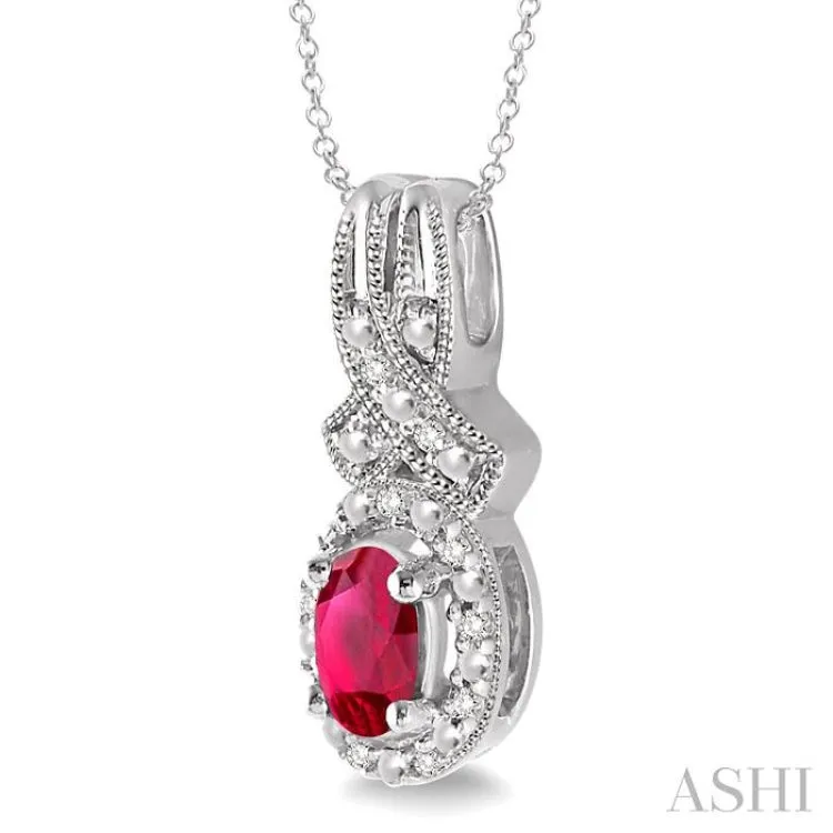 5x3 mm Oval Cut Ruby and 1/50 Ctw Single Cut Diamond Pendant in Sterling Silver with Chain