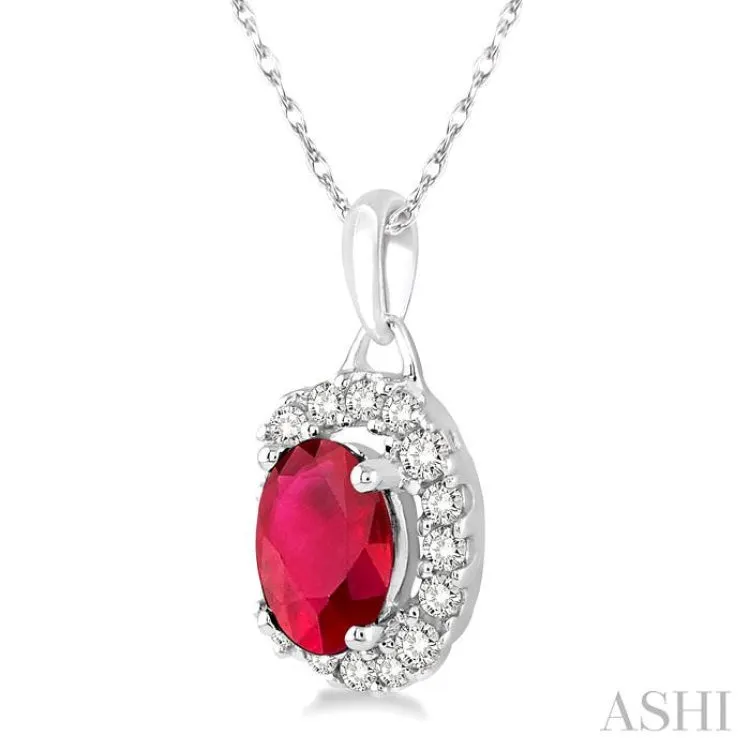 6x4 MM Oval Cut Ruby and 1/6 Ctw Round Cut Diamond Pendant in 14K White Gold with Chain