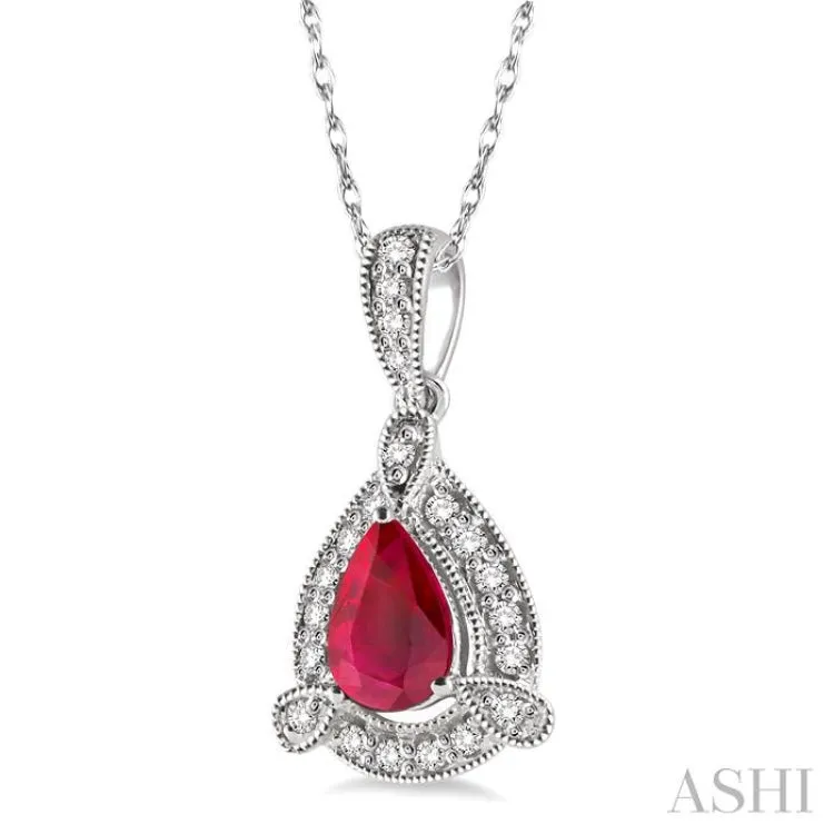 6x4 mm Pear Shape Ruby and 1/10 Ctw Round Cut Diamond Pendant in 14K White Gold with Chain