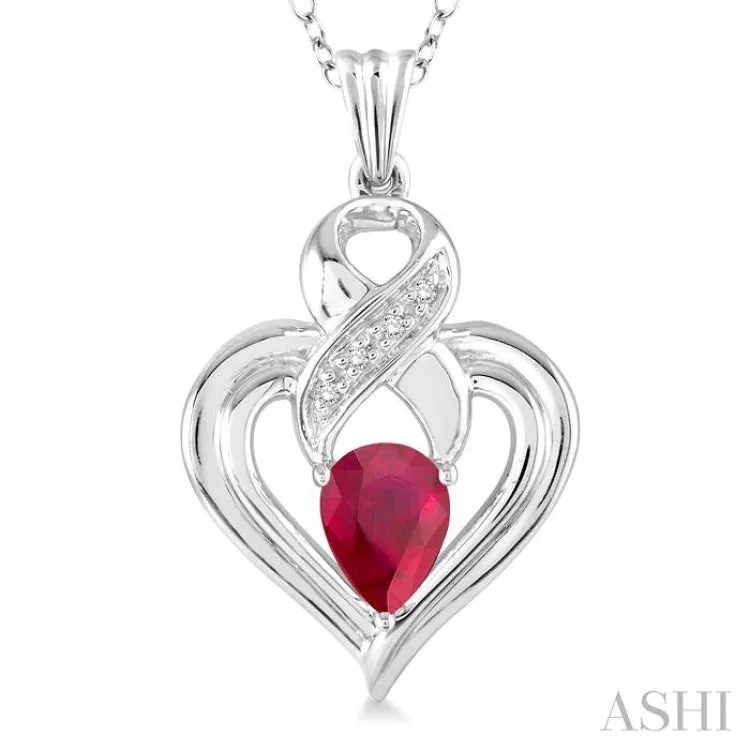 6x4 mm Pear Shape Ruby and 1/50 Ctw Single Cut Diamond Pendant in Sterling Silver with Chain