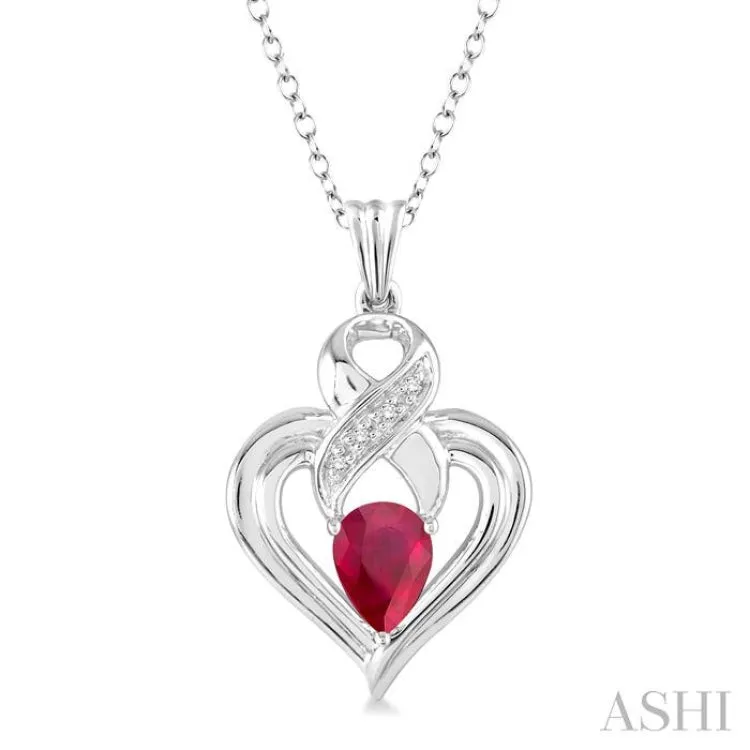 6x4 mm Pear Shape Ruby and 1/50 Ctw Single Cut Diamond Pendant in Sterling Silver with Chain