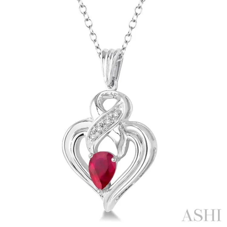 6x4 mm Pear Shape Ruby and 1/50 Ctw Single Cut Diamond Pendant in Sterling Silver with Chain