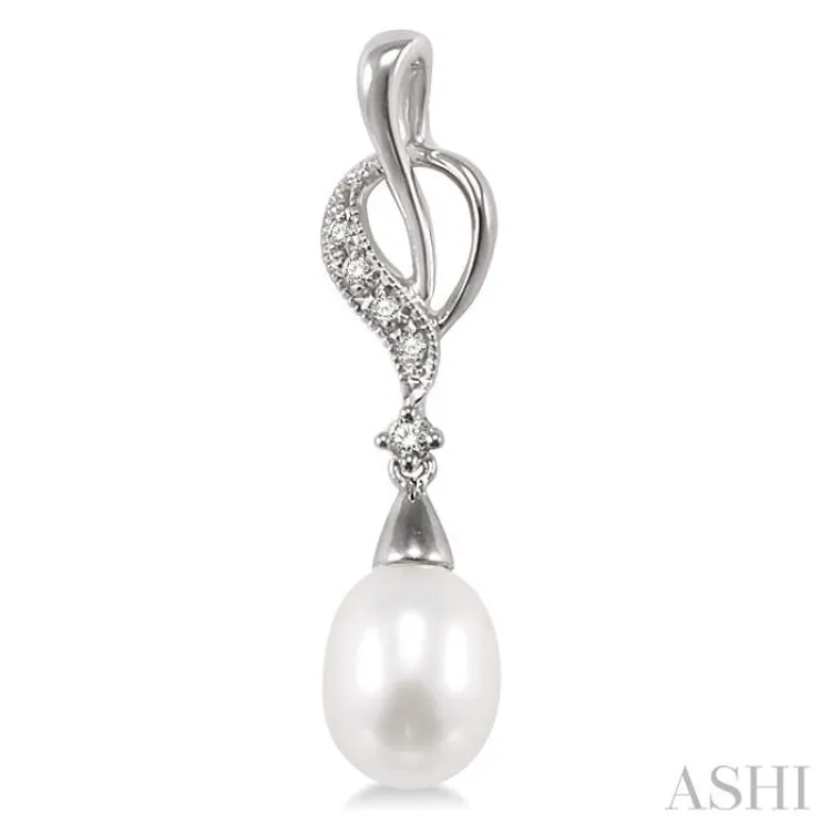 8x6mm Drop Cut Cultured Pearl and 1/10 Ctw Round Cut Diamond Drop Earrings in 10K White Gold