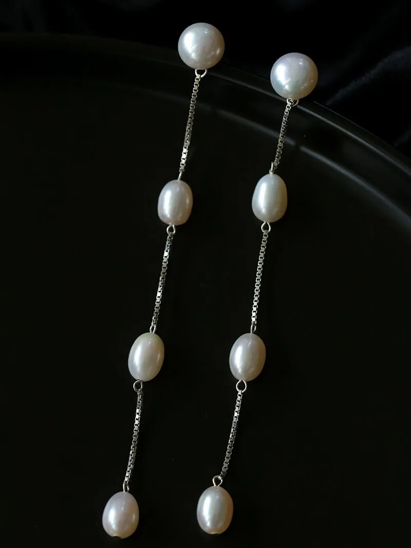 925 Silver Chain Fringed Pearls Dangle Earrings