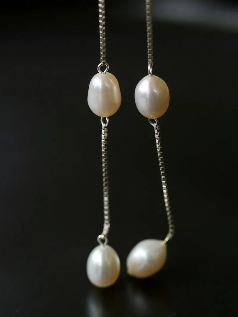 925 Silver Chain Fringed Pearls Dangle Earrings