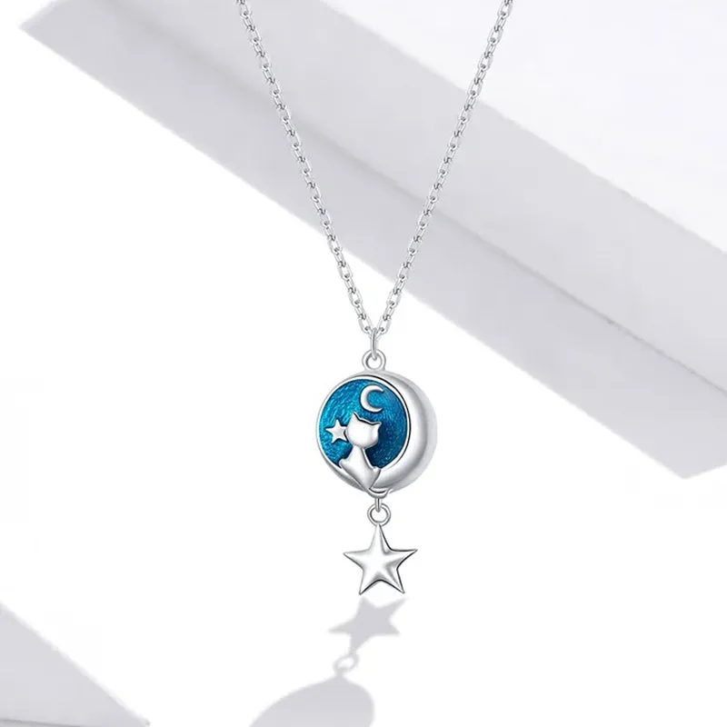 925 Sterling Silver Blue Enamel Moon & Cat Pendant Necklace Star Neck Chain for Women Gift Fine Jewelry