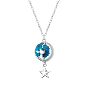 925 Sterling Silver Blue Enamel Moon & Cat Pendant Necklace Star Neck Chain for Women Gift Fine Jewelry