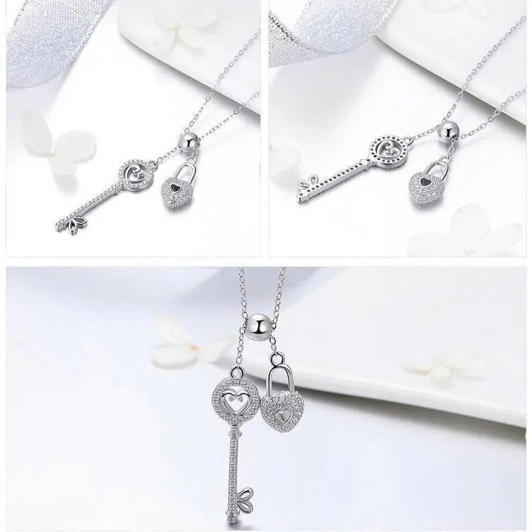 925 Sterling Silver Key of Heart Lock Pendant Necklace Charm Jewelry