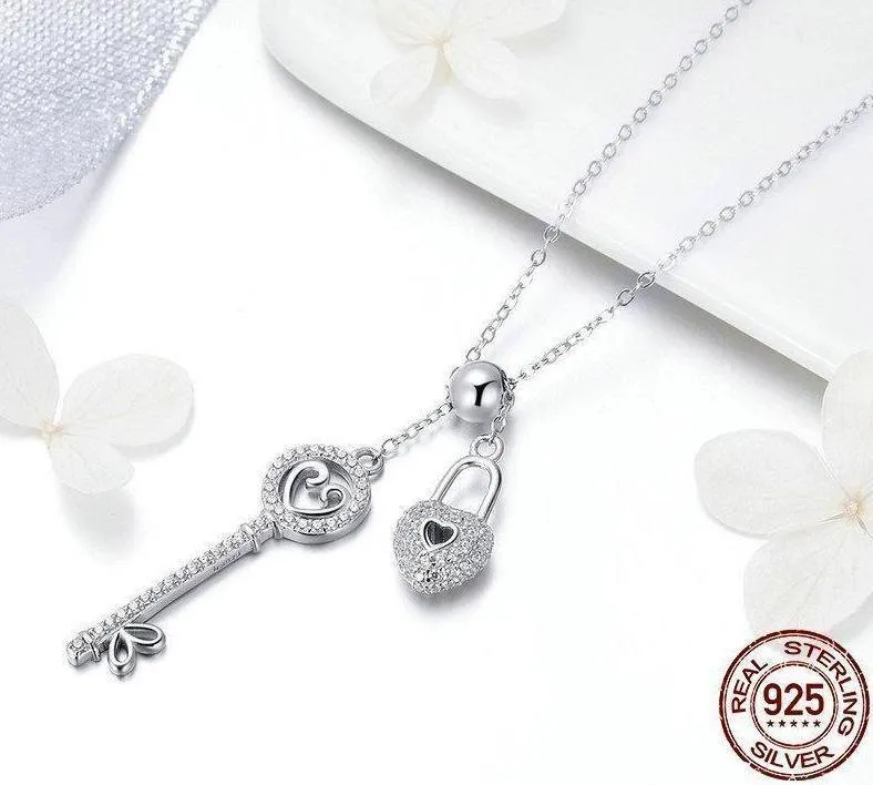 925 Sterling Silver Key of Heart Lock Pendant Necklace Charm Jewelry