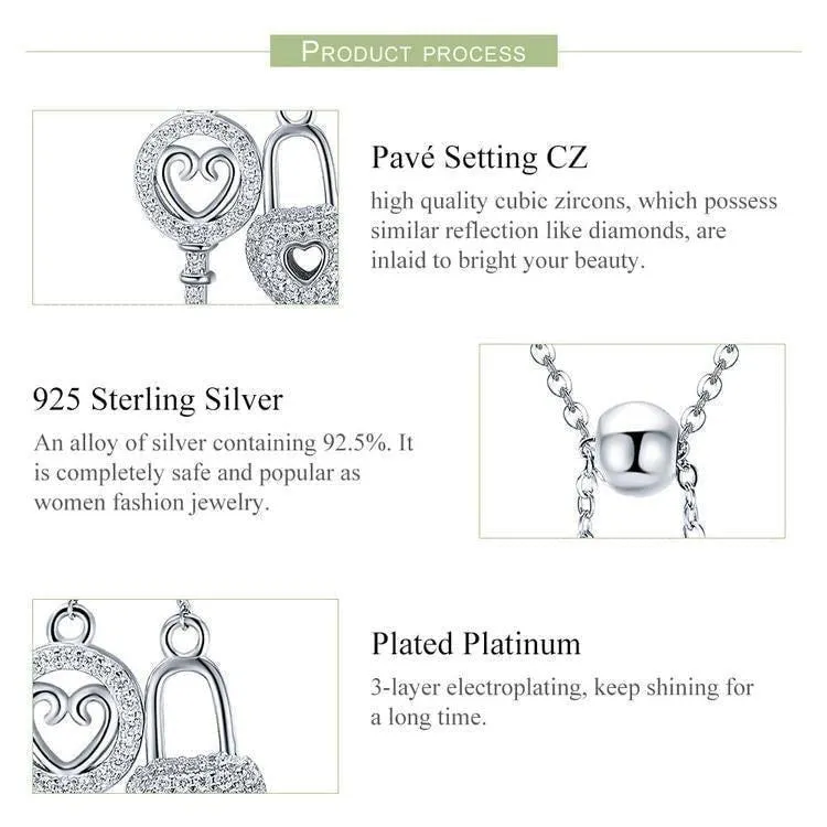 925 Sterling Silver Key of Heart Lock Pendant Necklace Charm Jewelry