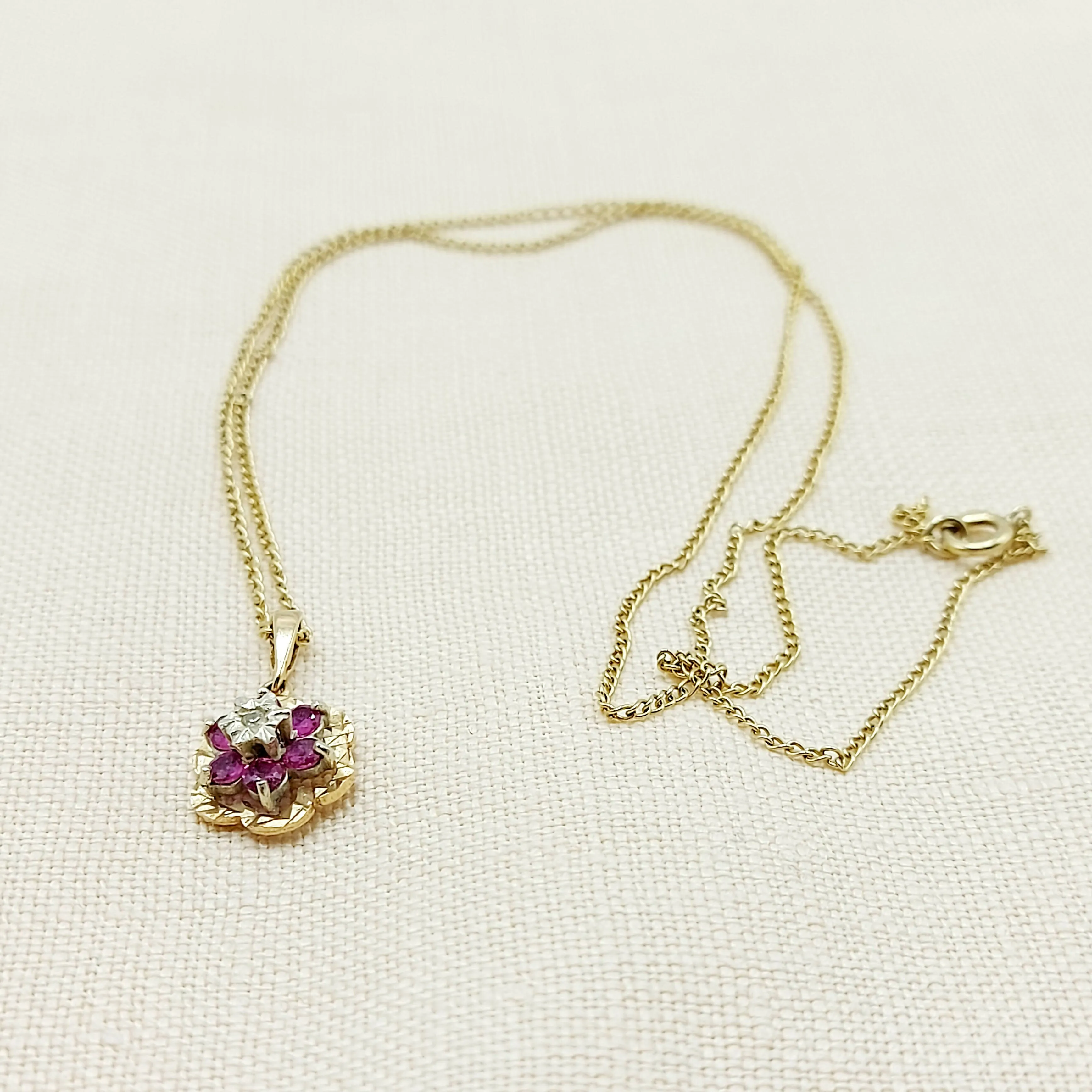 9ct Gold, Diamond & Ruby Pendant & Chain