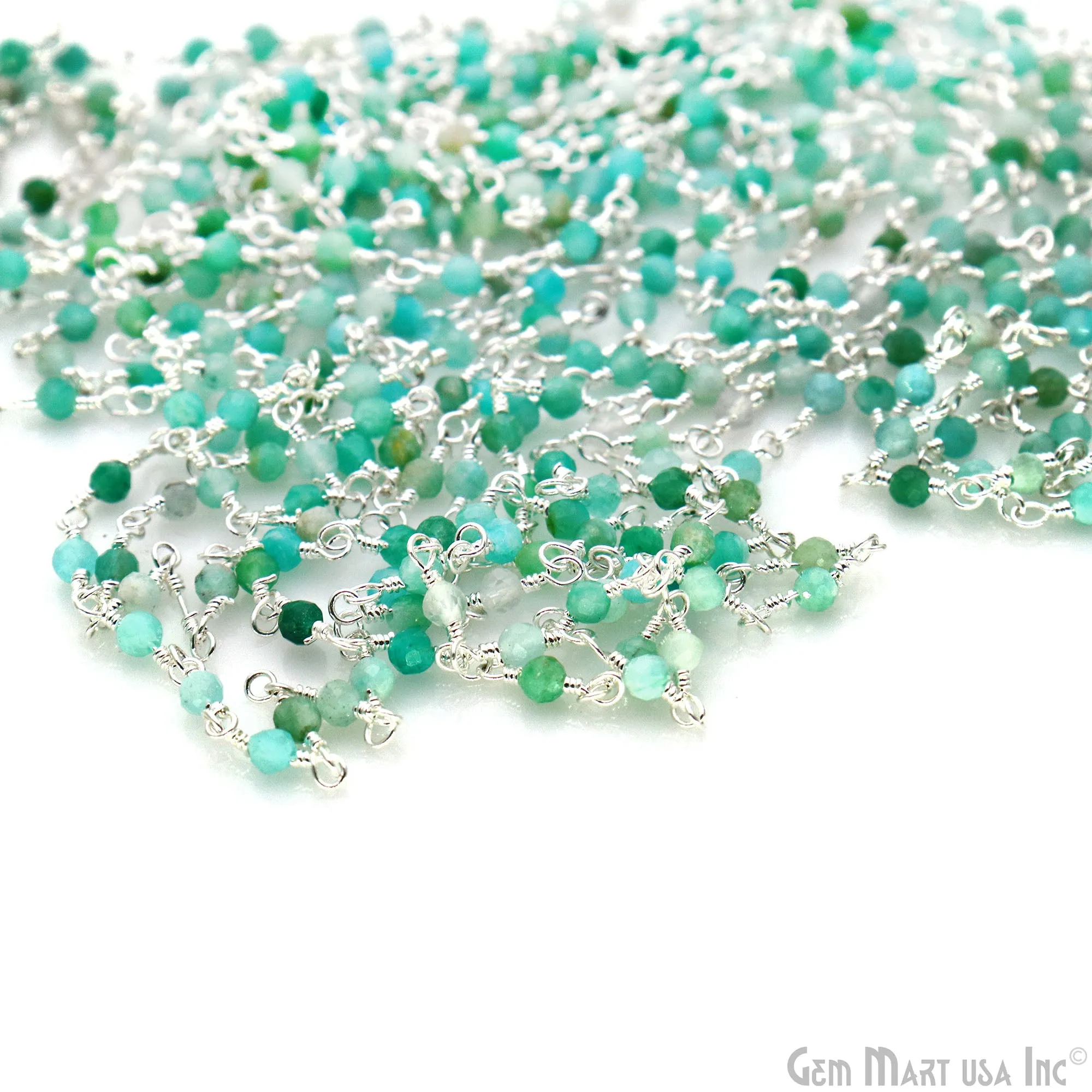 Amazonite 2-2.5mm Tiny Beads Silver Plated Wire Wrapped Rosary Chain