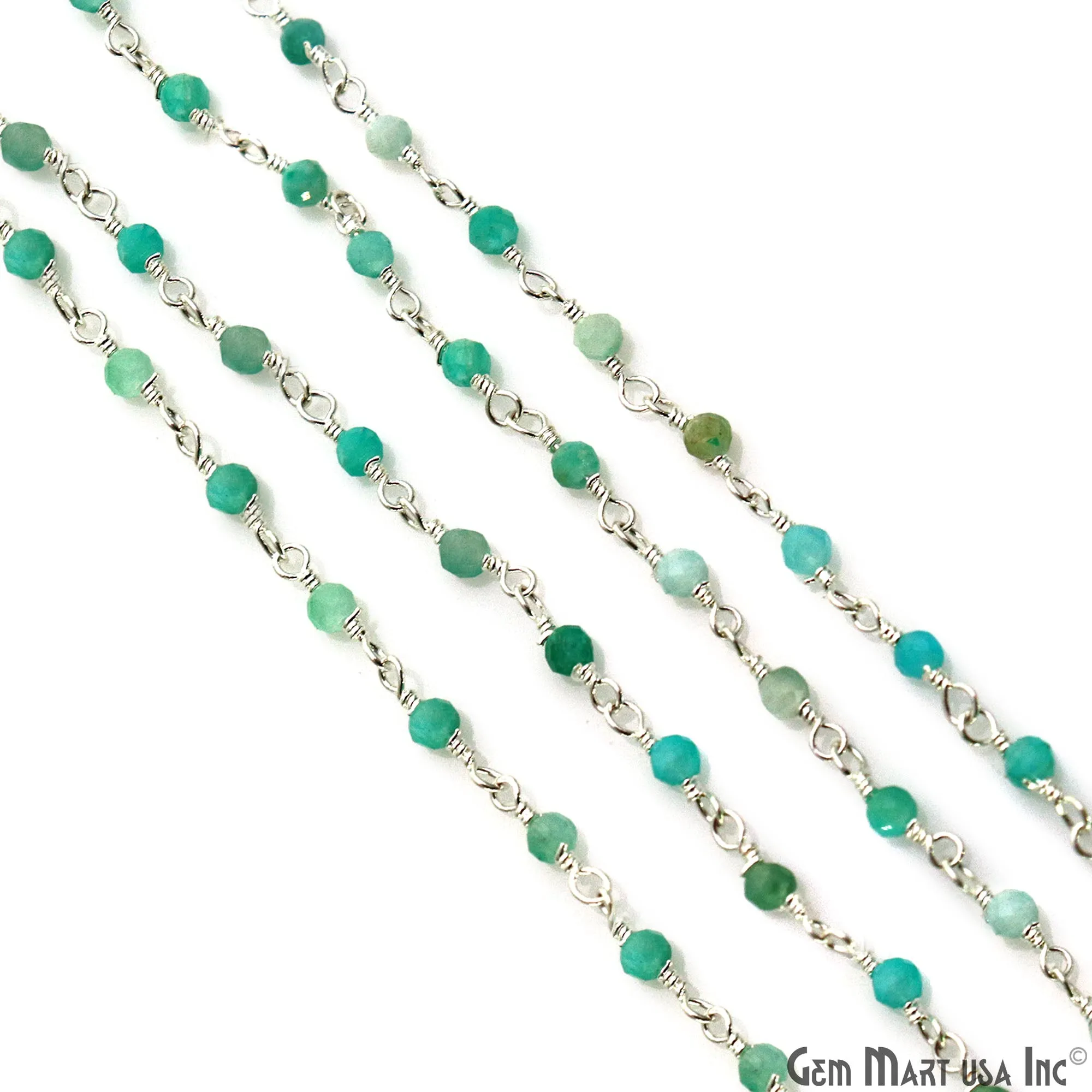 Amazonite 2-2.5mm Tiny Beads Silver Plated Wire Wrapped Rosary Chain