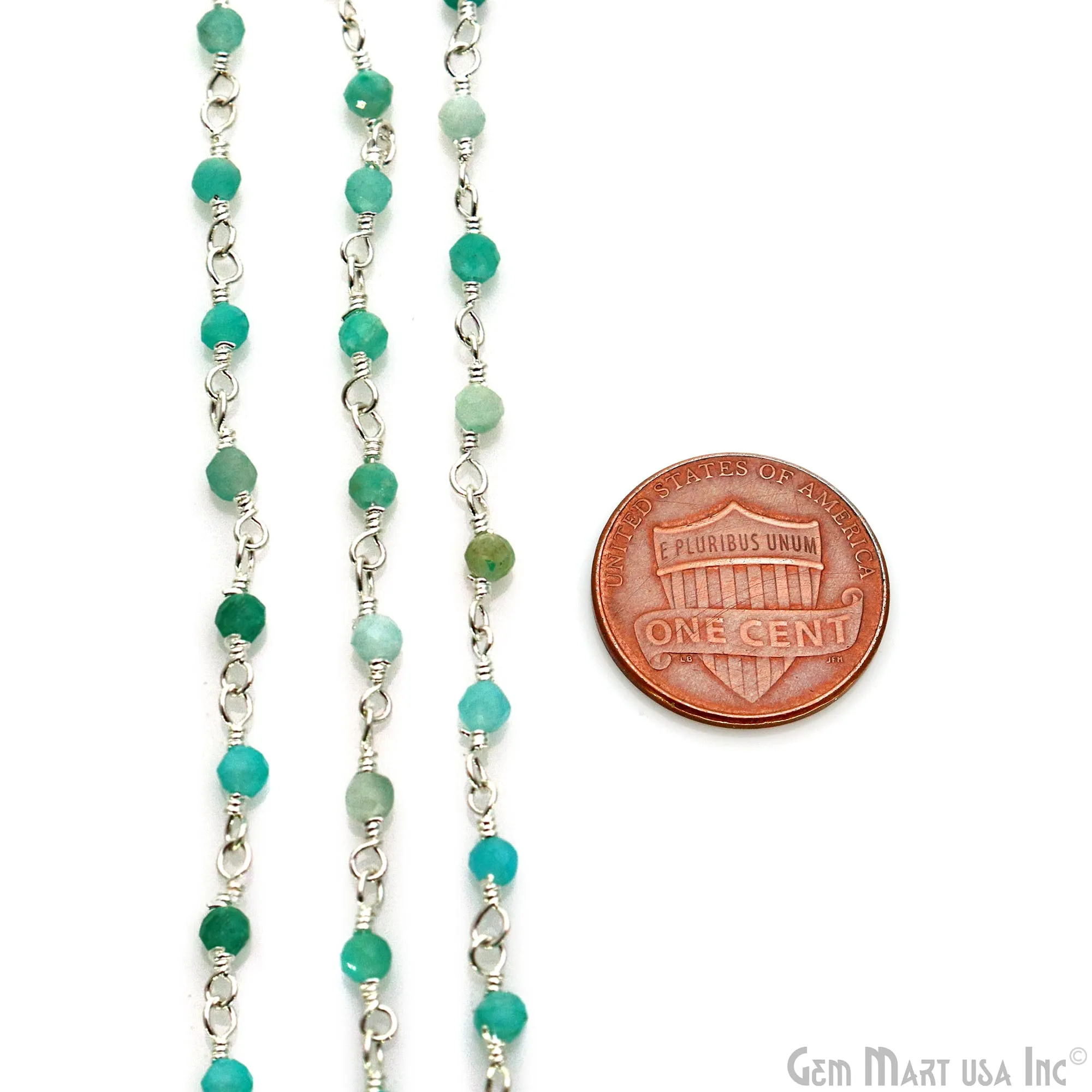 Amazonite 2-2.5mm Tiny Beads Silver Plated Wire Wrapped Rosary Chain